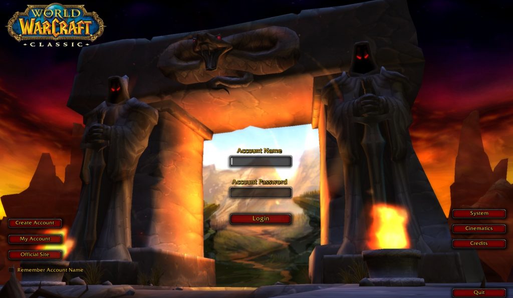Uvítacia obrazovka hry World of Warcraft Classic.